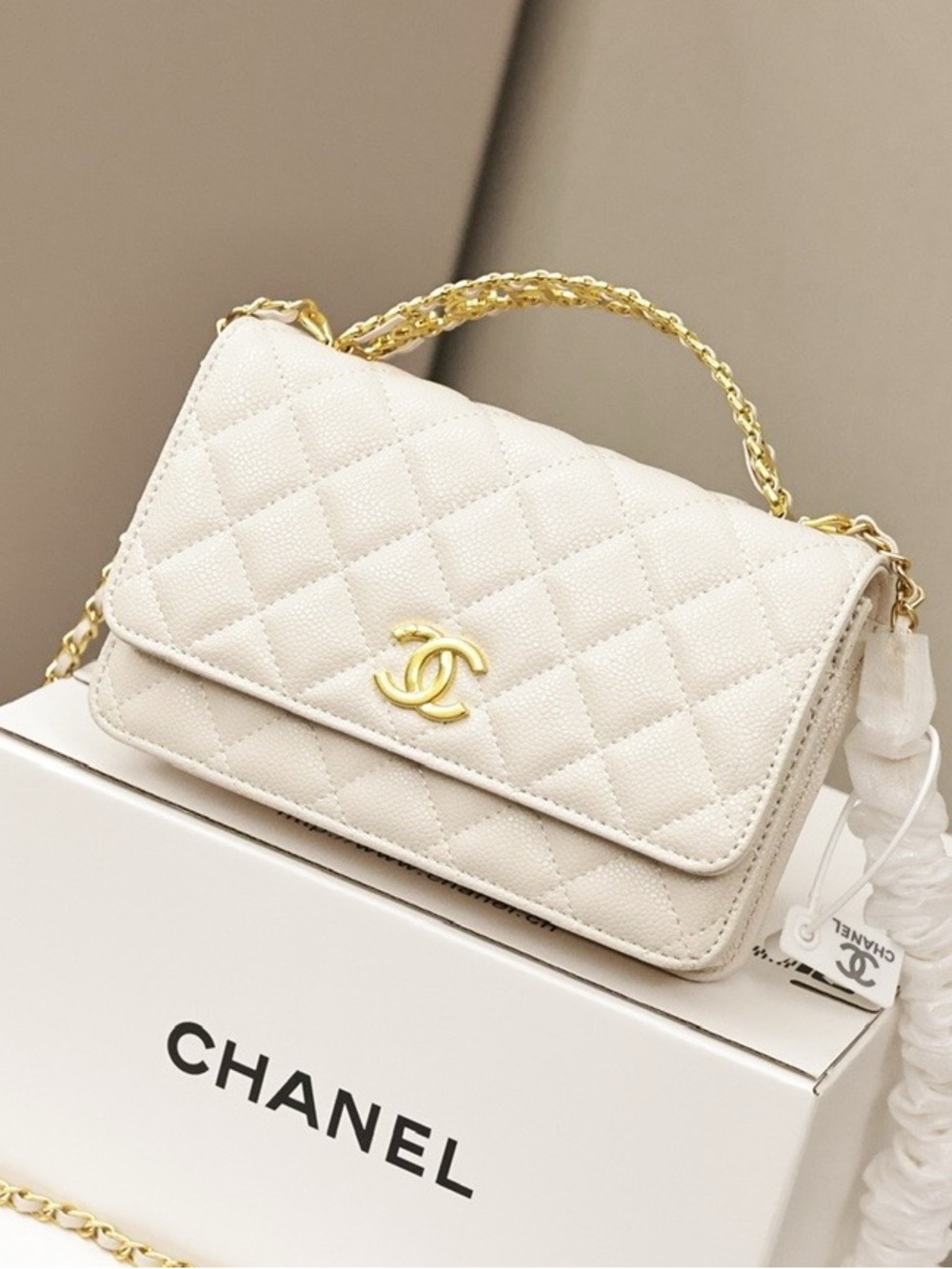 CHANEL Quilted Caviar Leather Top-Handle Flap Bag in Ivory with Gold Hardware
